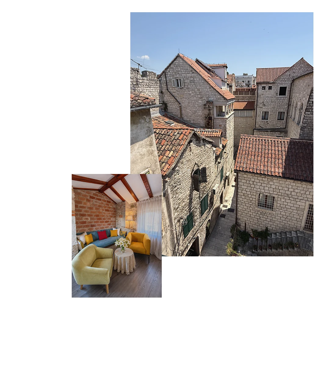 The Kaleta Loft inside Diocletian's Palace, Split — rooftop views and a cosy living room